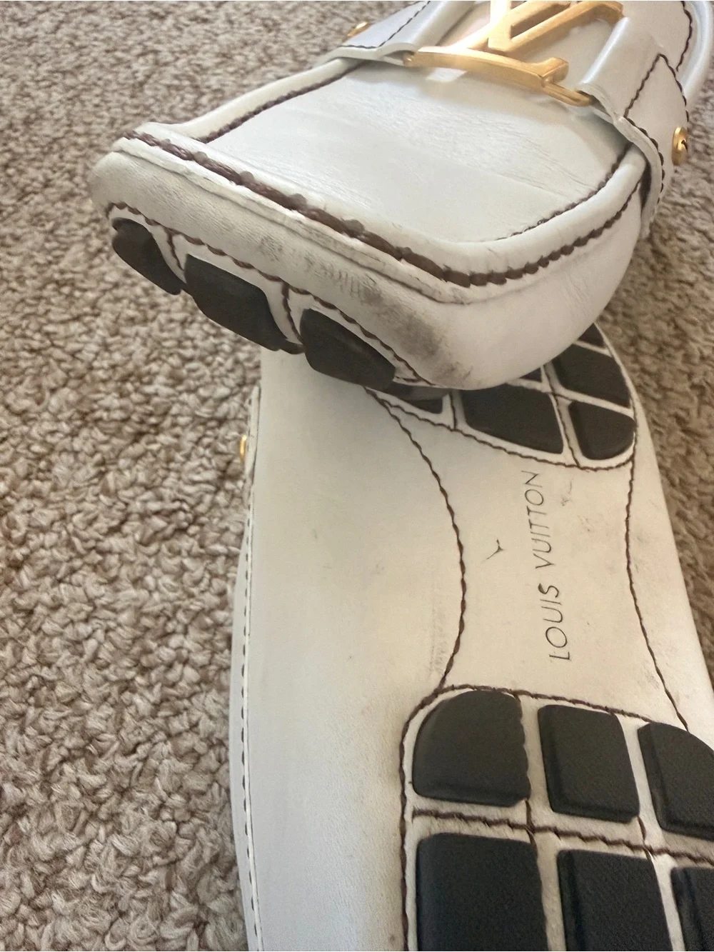 Louis Vuitton White Leather Loafers with Gold LV Hardware